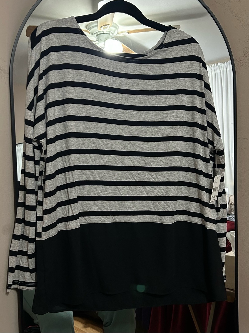 Simply Styled Black and Gray Striped Long Sleeve Top with Solid Black Hem